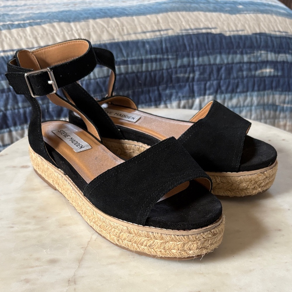Steve Madden Black Suede Espadrille Wedges
